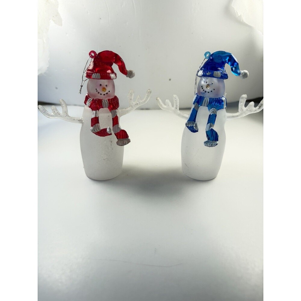 Vintage Frosted Glass Snowman Ornament Set Red Blue Hats Blown Glass Pair 4 ½” - Picture 8 of 8
